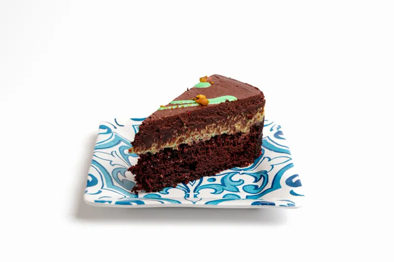 Chocolate cake with a pale pistachio filling