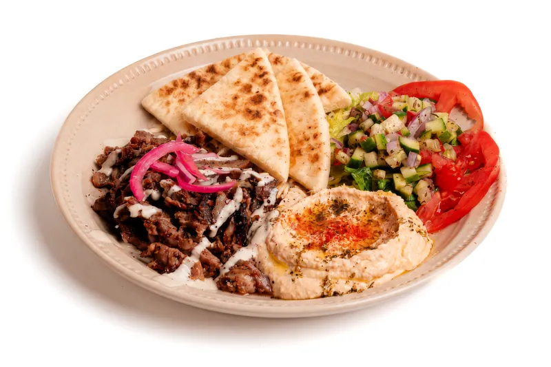 Shawarma with pita, hummus and salad