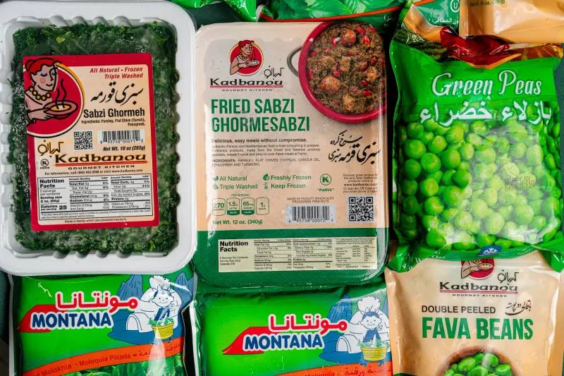 Packages of herbs, peas and fava beans